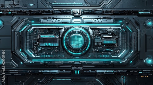 Futuristic electronic mech border design digital art tech environment close-up