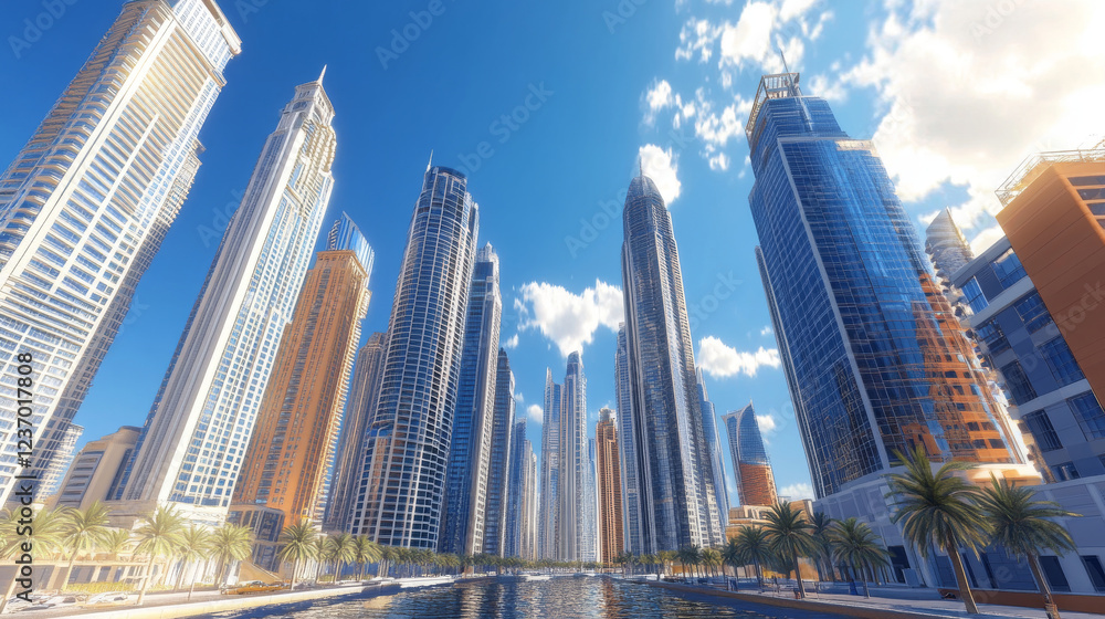 Obraz premium Cluster of tall buildings in urban setting 360 panorama vr environment map. 3D Illustration