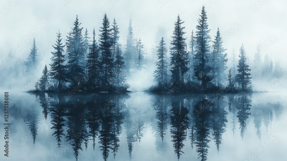 Misty lake, two islands, pine trees, serene reflection, nature wallpaper Misty lake, two islands, pine trees, serene reflection, nature wallpaper