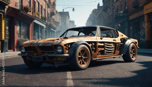 Rusty Muscle Car Urban Decay Aesthetic in a Sunlit Street photo