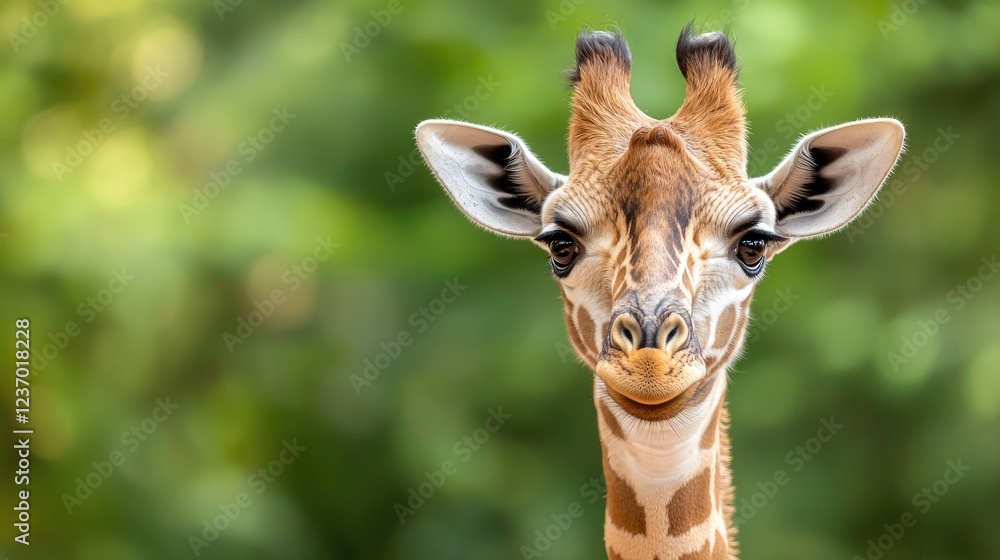 Naklejka premium Cute baby giraffe portrait, green bokeh background, wildlife, zoo