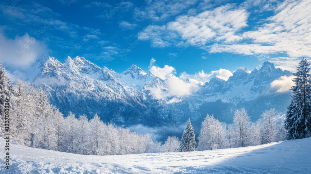 Fototapeta premium Majestic mountain range covered in snow under a clear blue sky at noon 360 panorama vr environment map. 3D Illustration