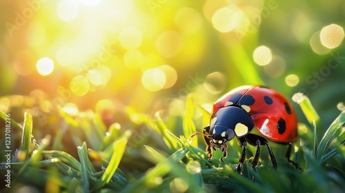 Bright ladybug crawls on green grass under sunlight in summer evening
