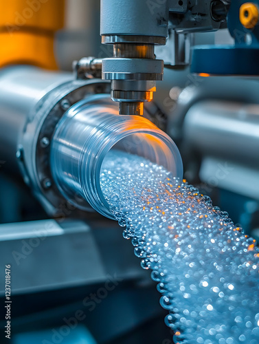 Industrial machine extrudes PVC plastic granules into pipe shapes. Closeup view of raw material processing. Molten plastic resin shaped into tubing. Factory workshop setting. Modern manufacturing