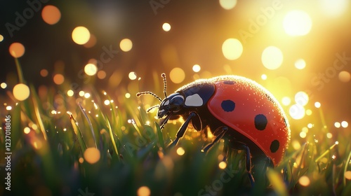 Ladybug exploring dew-covered grass at sunrise in a vibrant garden setting