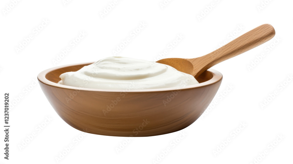 A bowl filled with thick, creamy yogurt sits isolated on a white background. A wooden spoon rests inside, ready to scoop a delectable serving of this rich treat A bowl filled with thick, creamy yogurt sits isolated on a white background. A wooden spoon rests inside, ready to scoop a delectable serving of this rich treat