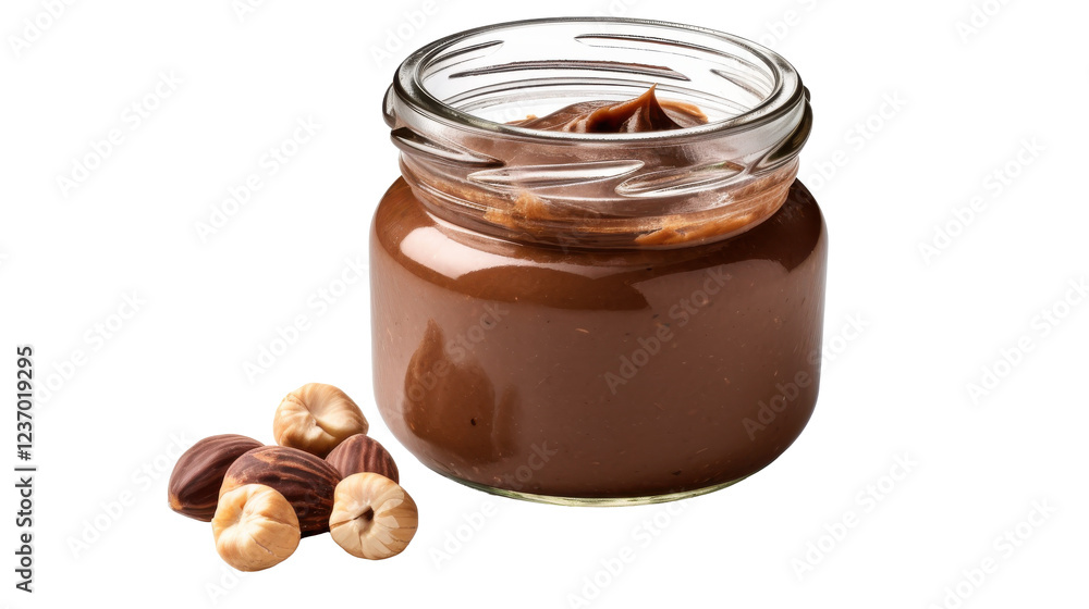 A jar filled with rich chocolate hazelnut spread sits on a white background, complemented by a few whole hazelnuts nearby, highlighting its creamy texture and enticing flavors A jar filled with rich chocolate hazelnut spread sits on a white background, complemented by a few whole hazelnuts nearby, highlighting its creamy texture and enticing flavors