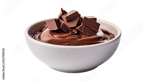 A bowl filled with smooth, creamy chocolate dessert showcases several chunks of dark chocolate arranged on top. This tempting treat captures attention with its rich texture and color