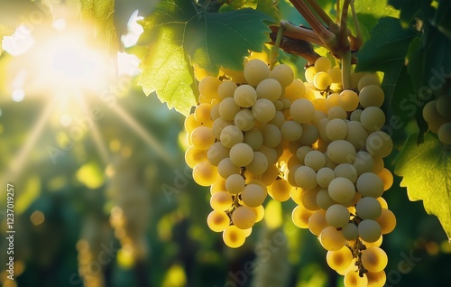 Golden grapes hang from vine under warm sunlight in a vineyard during harvest...