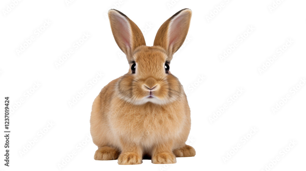 Obraz premium A fluffy rabbit with soft fur and large ears sits quietly in an isolated studio environment. Its curious expression adds to its charm as it looks directly ahead