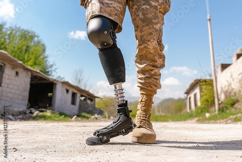 Male soldier with a prosthetic leg walking through a deserted area with abandoned buildings. Military veteran in camouflage uniform symbolizing resilience and perseverance.


