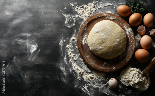 Dough preparation and baking ingredients on a kitchen countertop with eggs an...