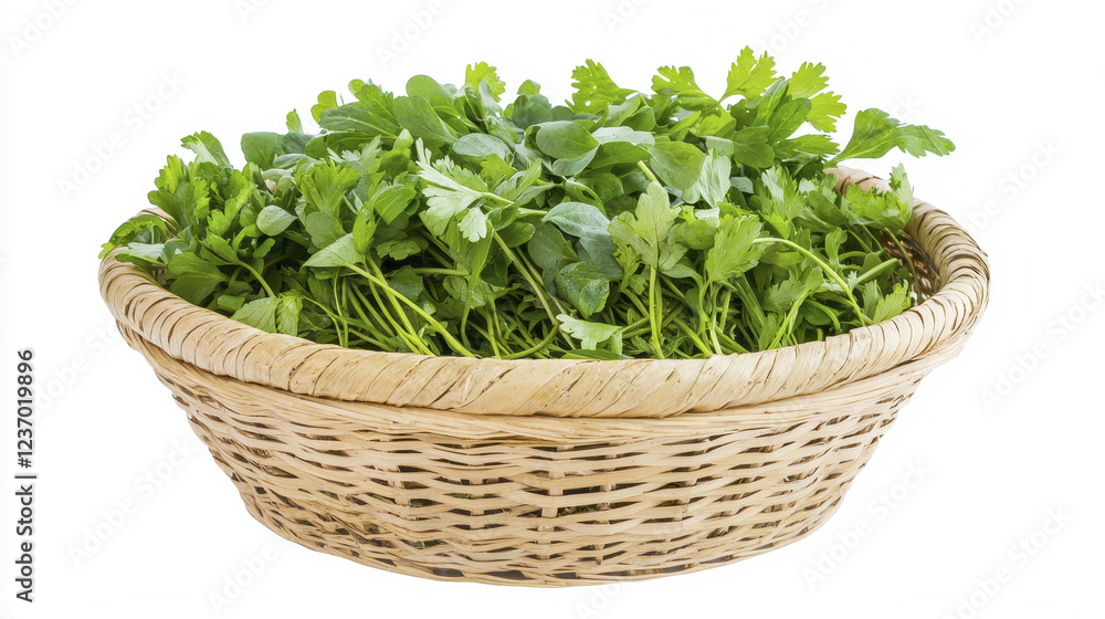 Fresh green herbs in woven straw basket, perfect for cooking and garnishing Fresh green herbs in woven straw basket, perfect for cooking and garnishing
