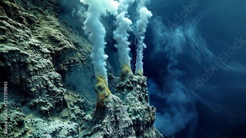 Underwater hydrothermal vent releasing steam and minerals.
