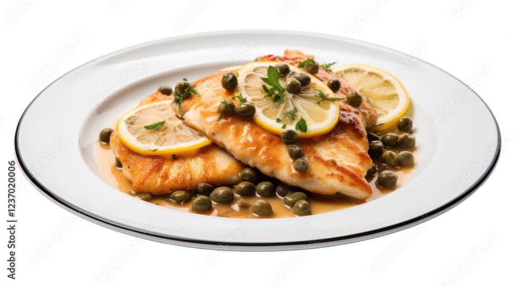 Tender fish fillet prepared with flavorful herbs and lemon slices, served alongside capers in a savory sauce. Perfectly plated on a classic white dish for an elegant presentation Tender fish fillet prepared with flavorful herbs and lemon slices, served alongside capers in a savory sauce. Perfectly plated on a classic white dish for an elegant presentation