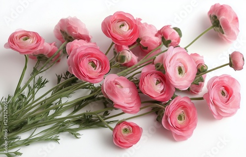Beautiful pink ranunculus flowers arranged elegantly on white background