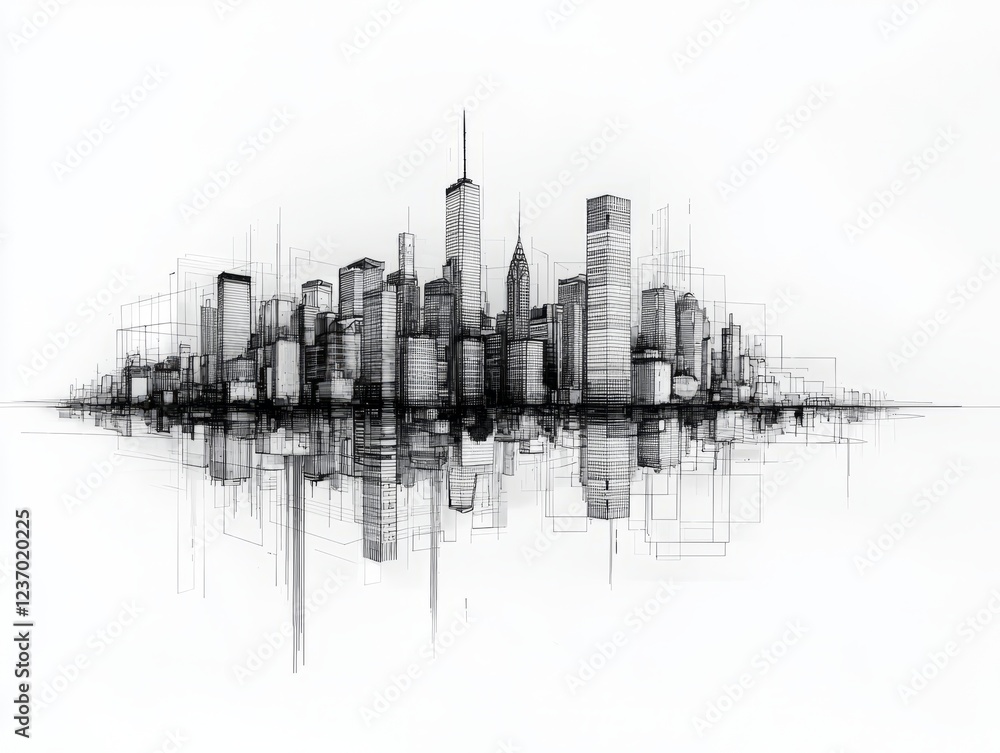 Obraz premium Minimalist continuous line art of a city skyline with iconic buildings and reflection.
