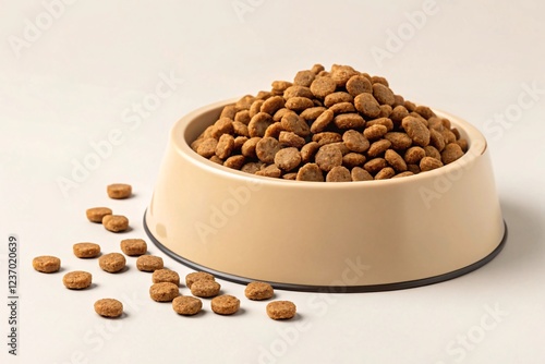 Brown Kibble in Beige Pet Food Bowl photo