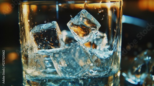 Glistening ice cubes submerged in glass of clear water, evoking sensation of refreshment and cooling relief on hot summer day. photo