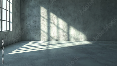 Fototapeta Naklejka Na Ścianę i Meble -  Empty room with concrete floor and diagonal shadows cast from sun light 3d render illustration