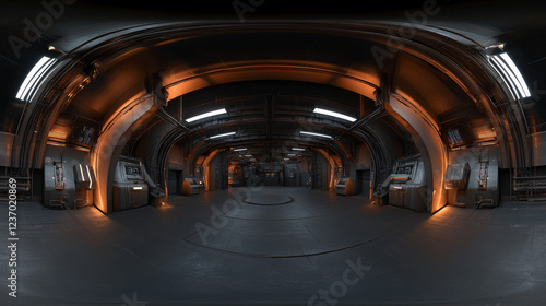 360 full vr equi rectangular panorama hdr style of dark warehouse hall futuristic design metal surface modern 3d render illustration photo