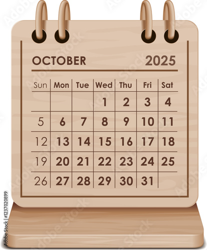 Illustration vector of October 2025 WOODEN and cardboard desktop Calendar