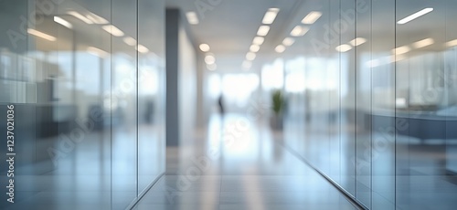 Modern office interior featuring glass walls and a blurred figure in a spacio...