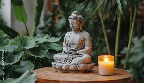 Serene Buddha statue surrounded by lush greenery and a glowing candle in tran...