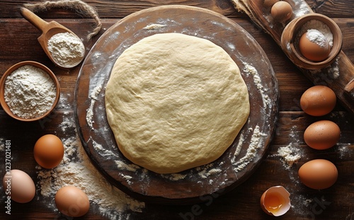 Baking dough preparation with flour and eggs on wooden table in cozy kitchen ...