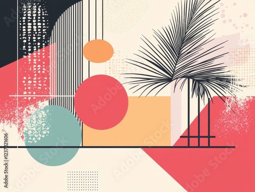 Abstract minimalistic flat design with geometric shapes and a palm leaf, creating a colorful and dynamic composition. photo