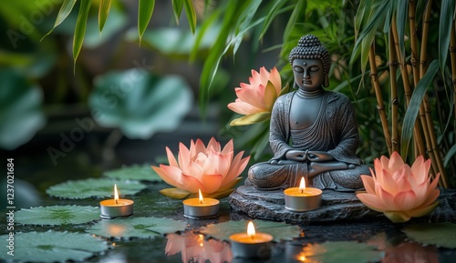 Serenity and peace in a tranquil garden with Buddha and floating lotus flowers