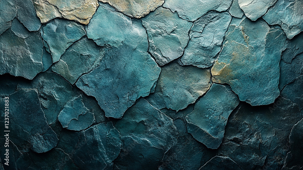 Textured stone wall with blue and gray slate tiles arranged in a natural pattern Textured stone wall with blue and gray slate tiles arranged in a natural pattern