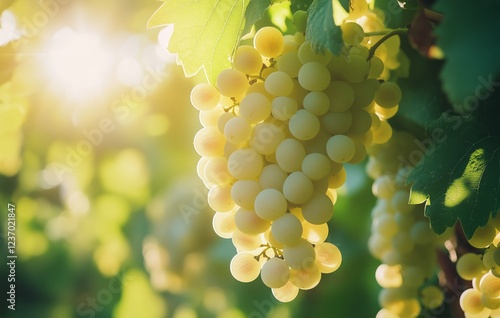 Fresh green grapes hanging in sunlight, showcasing the beauty of vineyards