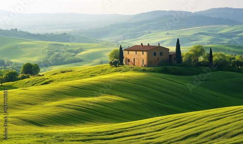 Rolling green hills with a rustic house under a clear sky in a tranquil count...