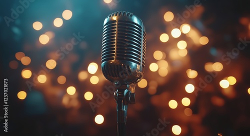 Vintage microphone shining brightly in front of blurred festive lights during...