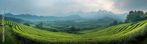 Lush tea fields with rolling hills under cloudy sky in early morning light