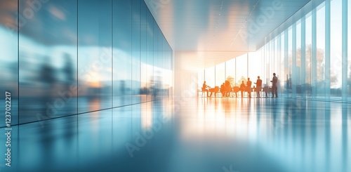 Modern conference room with silhouettes of people engaging in discussion at s...