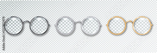 Round Golden, Silver and black frame glasses set isolated, Transparent Sunglasses Accessory. Optics lens vintage Trendy Glasses. Vector