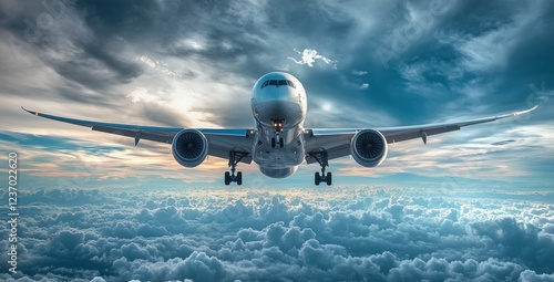 Airplane soaring through clouds during sunset over the horizon