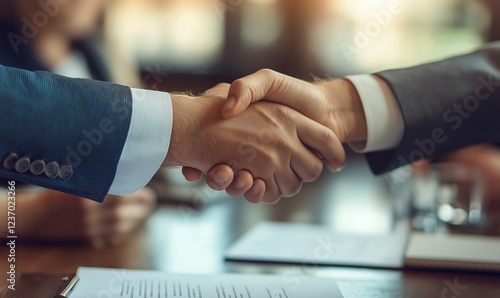 Business professionals shaking hands after a successful negotiation in a mode...