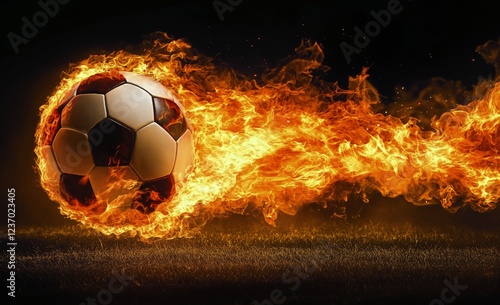 Dynamic soccer ball igniting the field with flames during a thrilling match