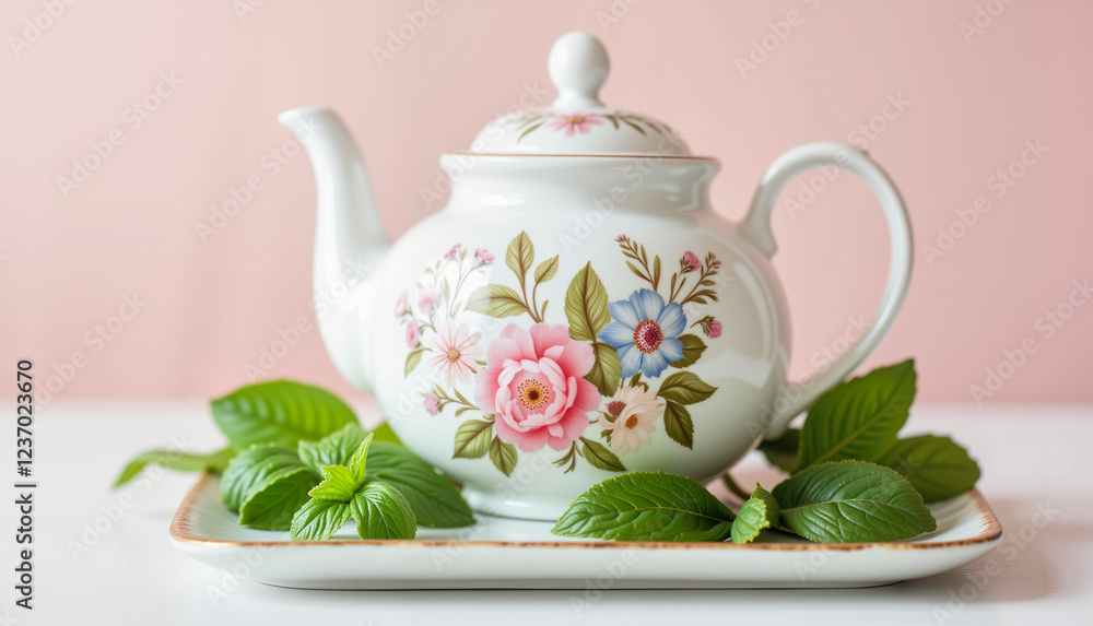 Floral teapot on a tray with fresh mint leaves against pink background Floral teapot on a tray with fresh mint leaves against pink background
