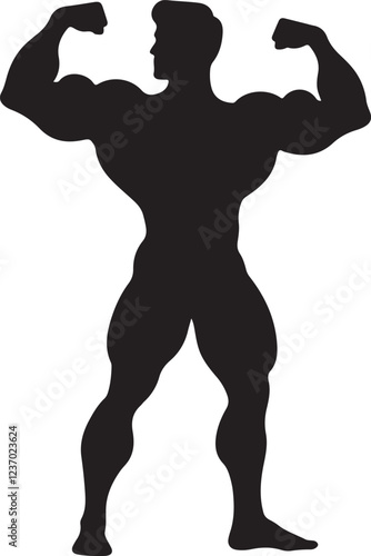 Silhouette vector of a muscular bodybuilder flexing their biceps, symbolizing strength, fitness, and bodybuilding. Ideal for gym, workout, and fitness-related designs.