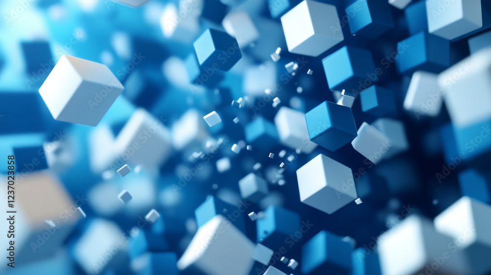 Abstract 3d render of dissolving white and blue cubes Abstract 3d render of dissolving white and blue cubes