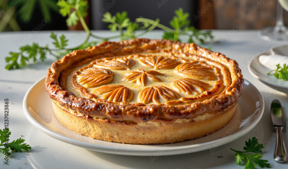 Traditional Tourtière displayed elegantly on marble surface, culinary delight Traditional Tourtière displayed elegantly on marble surface, culinary delight