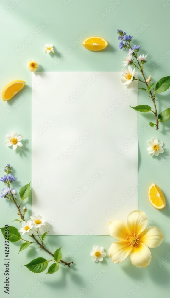 Obraz premium Floral arrangement with lemon slices and blank paper background