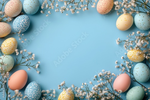 Colorful eggs and flowers arranged on a blue background for Easter celebratio...