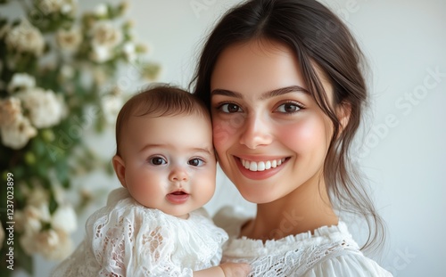 Joyful mother and baby smiling together in a serene indoor setting with flowers