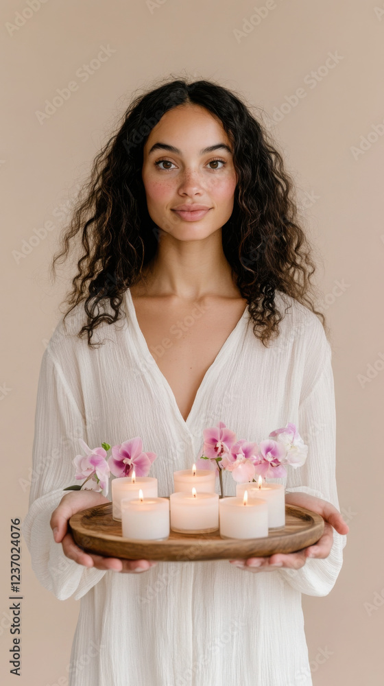 Candle and floral offering held by woman in white dress Candle and floral offering held by woman in white dress
