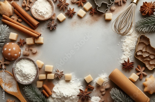 Baking ingredients arranged for holiday treats preparation in a cozy kitchen ...